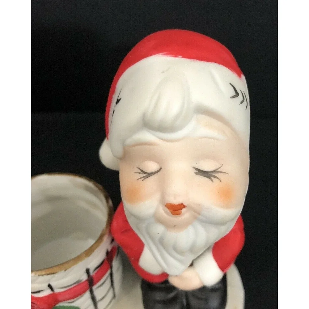 Jasco Christmas Candle Holder Bisque Porcelain Holiday Luskins Santa 1976 Vtg